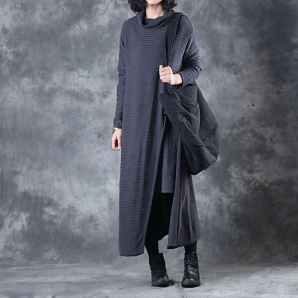 Original Design Linen Splicing Turtleneck Sweater Dress Big Slit Winter Long Sleeve Dress