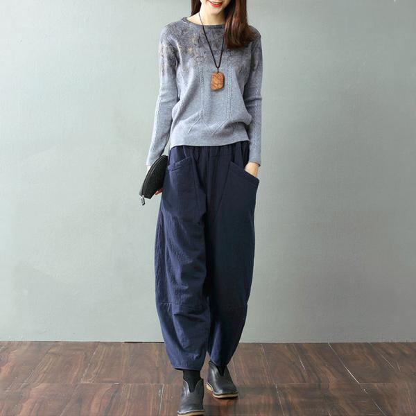 Best-Selling Cotton Linen Baggy Pants Senior Womans Quilted Navy Trousers