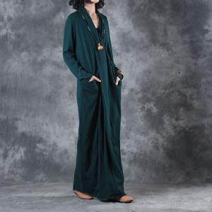 Ladylike Long Sleeve Blackish Green Dress Front Cross Loose Knit Dress