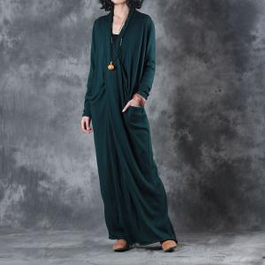 Ladylike Long Sleeve Blackish Green Dress Front Cross Loose Knit Dress