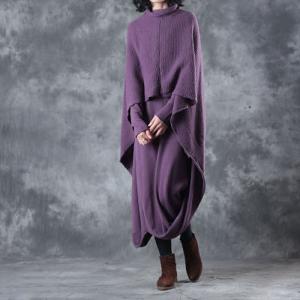 Individual Layering Cloak Dress Loose Cotton Purple Dress