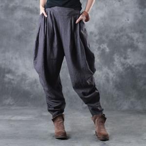 Simple Design Linen Gray Trousers Holidays Balloon Pants