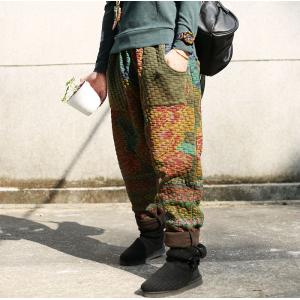 Folk Style Colorful Quilted Pants Winter Cotton Bootcuts