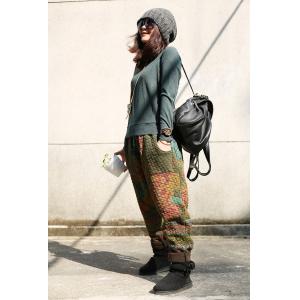 Folk Style Colorful Quilted Pants Winter Cotton Bootcuts