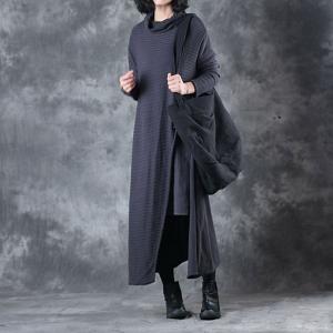 Original Design Linen Splicing Turtleneck Sweater Dress Big Slit Winter Long Sleeve Dress