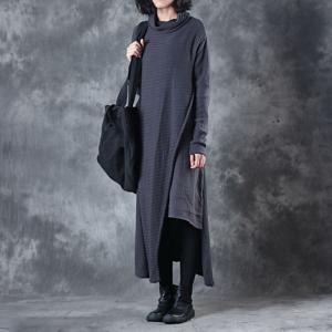 Original Design Linen Splicing Turtleneck Sweater Dress Big Slit Winter Long Sleeve Dress