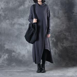 Original Design Linen Splicing Turtleneck Sweater Dress Big Slit Winter Long Sleeve Dress