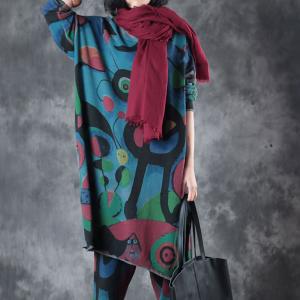 Abstract Printing Crew Neck Plus Size Knitwear Hem Slit Blue Pullover