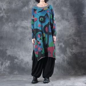 Abstract Printing Crew Neck Plus Size Knitwear Hem Slit Blue Pullover