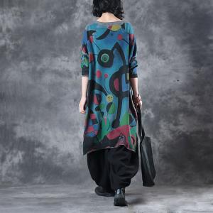 Abstract Printing Crew Neck Plus Size Knitwear Hem Slit Blue Pullover