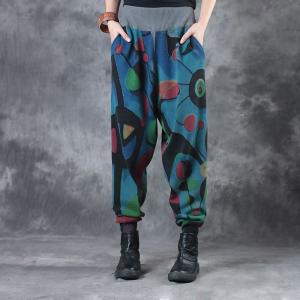 Winter Fashion Cotton Linen Bootcuts Artistic Prints Womans Loose Pants