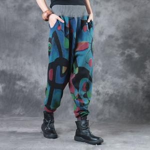 Winter Fashion Cotton Linen Bootcuts Artistic Prints Womans Loose Pants