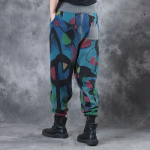 Winter Fashion Cotton Linen Bootcuts Artistic Prints Womans Loose Pants