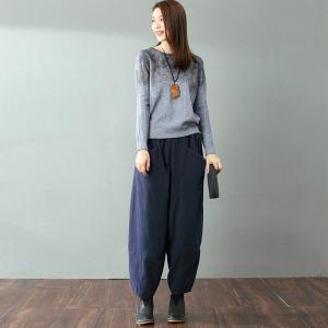 Best-Selling Cotton Linen Baggy Pants Senior Womans Quilted Navy Trousers