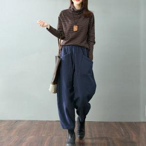 Best-Selling Cotton Linen Baggy Pants Senior Womans Quilted Navy Trousers