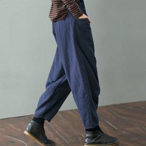 Best-Selling Cotton Linen Baggy Pants Senior Womans Quilted Navy Trousers