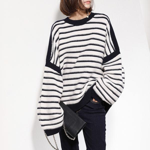 Street Style Striped Oversized Sweater Bat Sleeve Woolen Korean Sweater