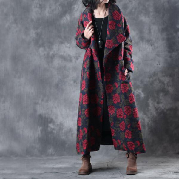 Wide Lapel Flocking Plus Size Coat Rose Pattern Woolen Overcoat