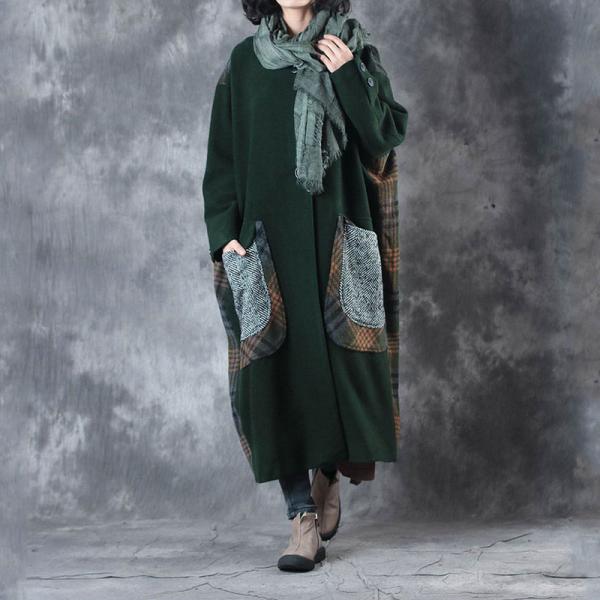 Big Pockets Plaid Matching Woolen Green Coat Womans Plus Size Winter Coat