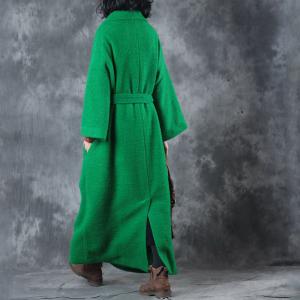 Wide Lapel Belted Wool Green Coat Plus Size Winter Christmas Coat