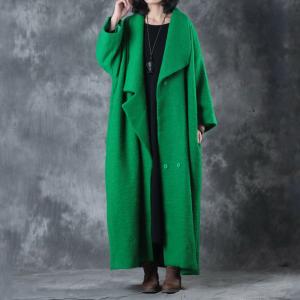 Wide Lapel Belted Wool Green Coat Plus Size Winter Christmas Coat