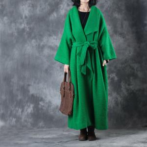 Wide Lapel Belted Wool Green Coat Plus Size Winter Christmas Coat