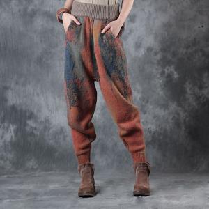 Vintage Style Woolen  Loose Pants Orange Thickening Winter Trousers