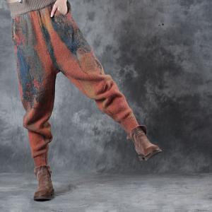 Vintage Style Woolen  Loose Pants Orange Thickening Winter Trousers