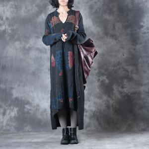 Hot-Selling Fish Prints Oversized Sweater Dress Woolen Dark Gray Dress