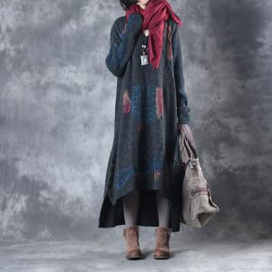 Hot-Selling Fish Prints Oversized Sweater Dress Woolen Dark Gray Dress