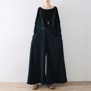 Deep-V Striped Blackish Green Jumpsuits Designer Wide Leg Womens Dungarees