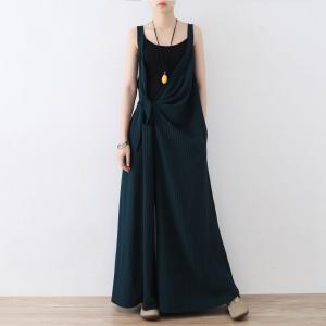 Deep-V Striped Blackish Green Jumpsuits Designer Wide Leg Womens Dungarees