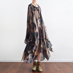 Spring 2018 Flowers Prints Vintage Silk Dress Flouncing Dress With Outerwear