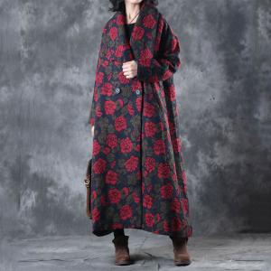 Wide Lapel Flocking Plus Size Coat Rose Pattern Woolen Overcoat