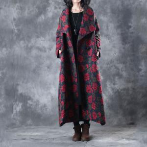 Wide Lapel Flocking Plus Size Coat Rose Pattern Woolen Overcoat