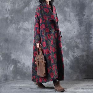 Wide Lapel Flocking Plus Size Coat Rose Pattern Woolen Overcoat