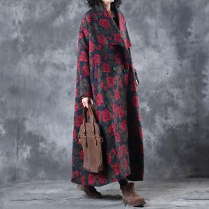 Wide Lapel Flocking Plus Size Coat Rose Pattern Woolen Overcoat