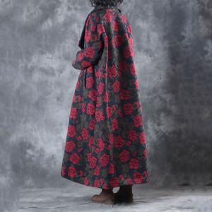 Wide Lapel Flocking Plus Size Coat Rose Pattern Woolen Overcoat