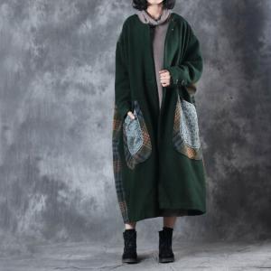 Big Pockets Plaid Matching Woolen Green Coat Womans Plus Size Winter Coat