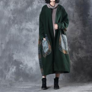 Big Pockets Plaid Matching Woolen Green Coat Womans Plus Size Winter Coat