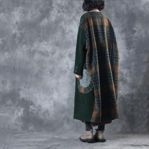 Big Pockets Plaid Matching Woolen Green Coat Womans Plus Size Winter Coat