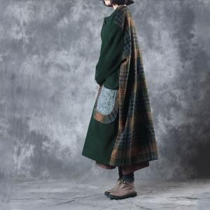 Big Pockets Plaid Matching Woolen Green Coat Womans Plus Size Winter Coat