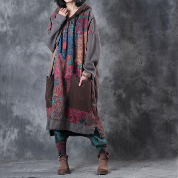 Rose Printing Plus Size Hooded Dress Cotton Casual Dress