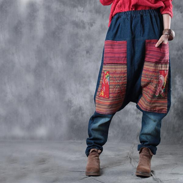 Folk Style Patchwork Baggy Jeans Vintage Womans Harem Pants
