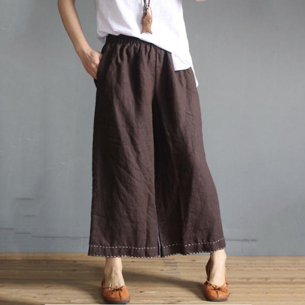 Hem Embroidered Plain Causal Pants Loose Cotton Line Slacks for Woman