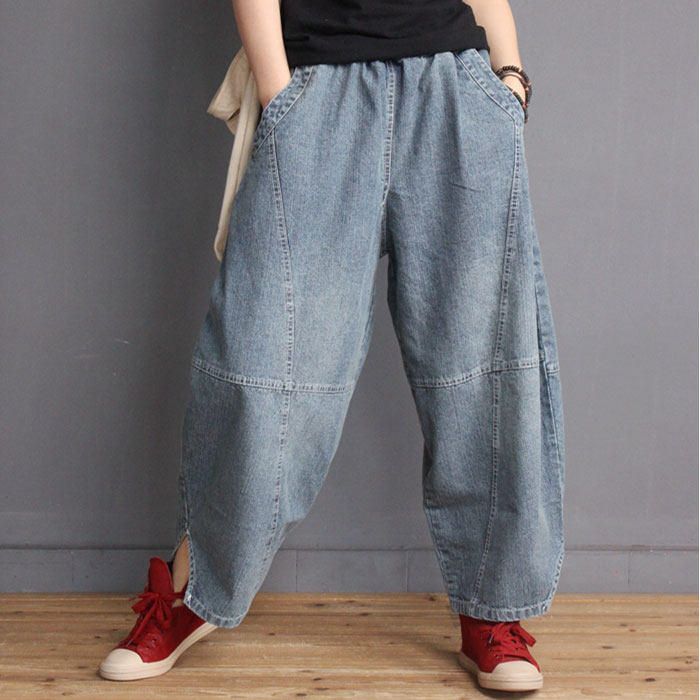 Color Fading Edge Slits Fashion Jeans Womans Cotton Baggy Jeans in Dark ...