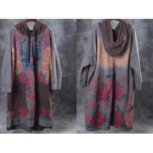 Rose Printing Plus Size Hooded Dress Cotton Casual Dress