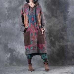 Rose Printing Plus Size Hooded Dress Cotton Casual Dress