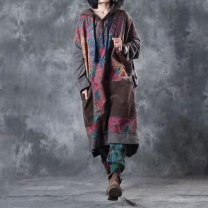 Rose Printing Plus Size Hooded Dress Cotton Casual Dress