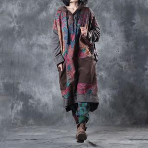 Rose Printing Plus Size Hooded Dress Cotton Casual Dress